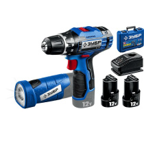 Набор: Дрель-шуруповерт, 2 АКБ T7 (2 Ач) + LED фонарь, в кейсе ЗУБР DL-121-22F