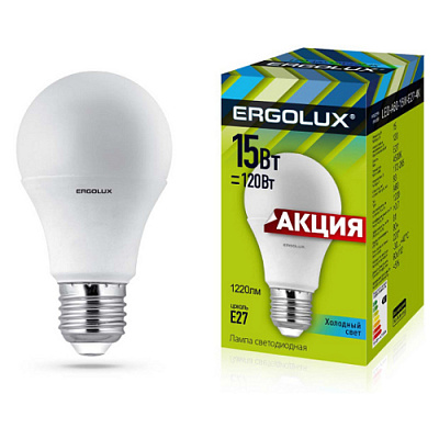 Лампа светодиодная LED-A60-15W-E27-4K ПРОМО Е27 15Вт груша 4500К Ergolux